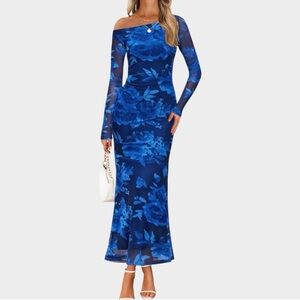 Elegant Blue Floral Off-Shoulder Dress